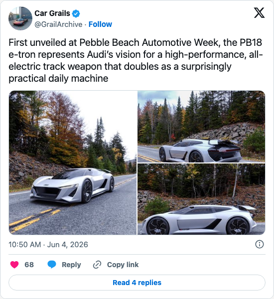 Timeline screenshot: First unveiled at Pebble Beach Automotive Week, the PB18 e-tron represents Audi’s vision for a high-performance, all-electric track weapon that doubles as a …