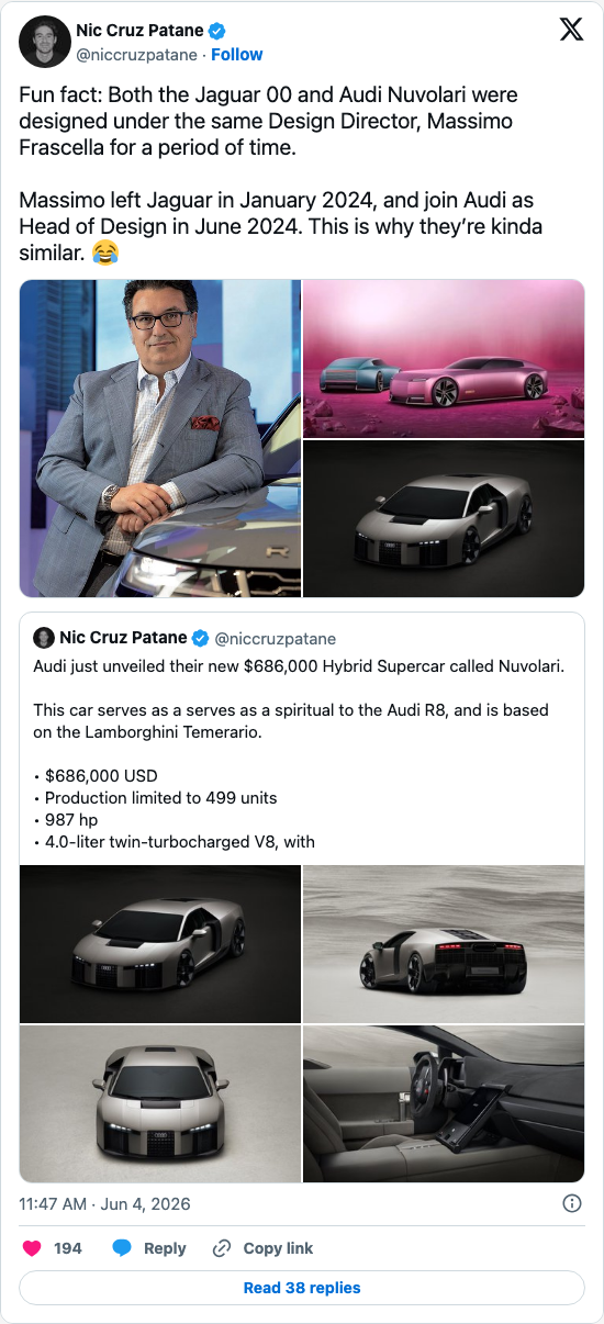 Timeline screenshot: Fun fact: Both the Jaguar 00 and Audi Nuvolari were designed under the same Design Director, Massimo Frascella for a period of time.
Massimo left Jaguar in …