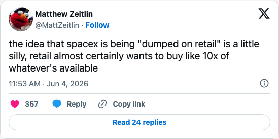 Timeline screenshot: the idea that spacex is being "dumped on retail" is a little silly, retail almost certainly wants to buy like 10x of whatever's available