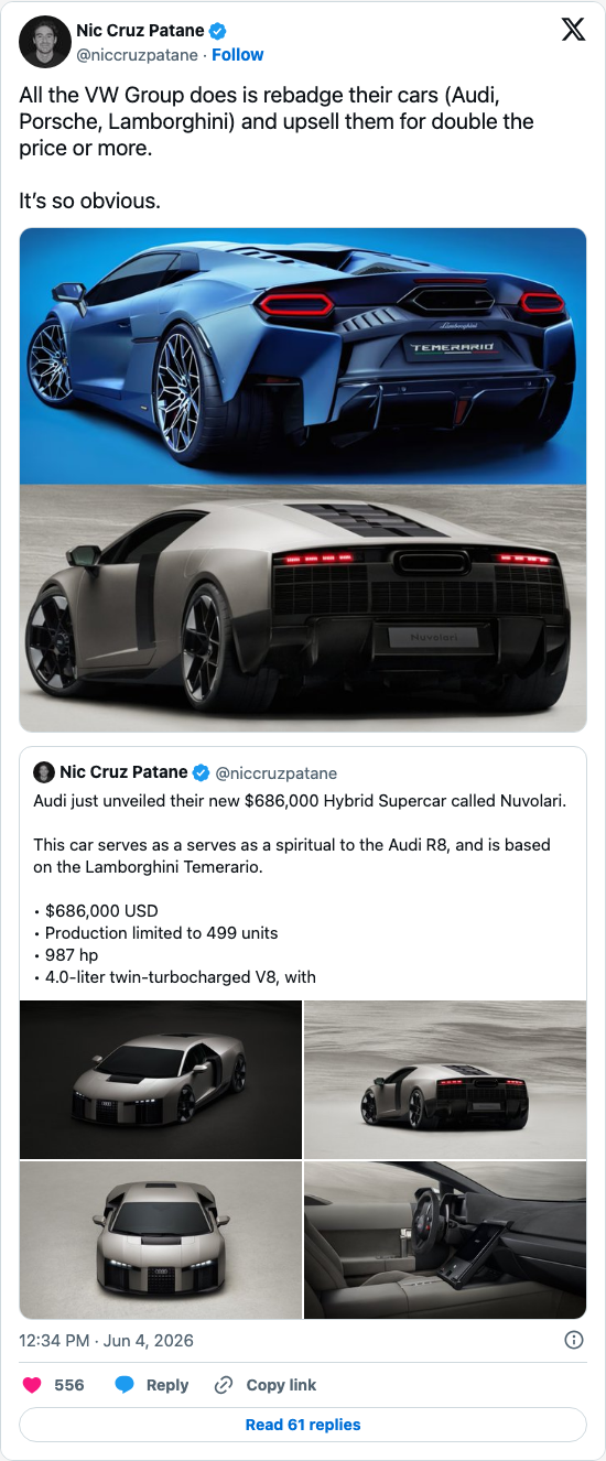 Timeline screenshot: All the VW Group does is rebadge their cars (Audi, Porsche, Lamborghini) and upsell them for double the price or more.
It’s so obvious. https://t.co/N5pdAdn…