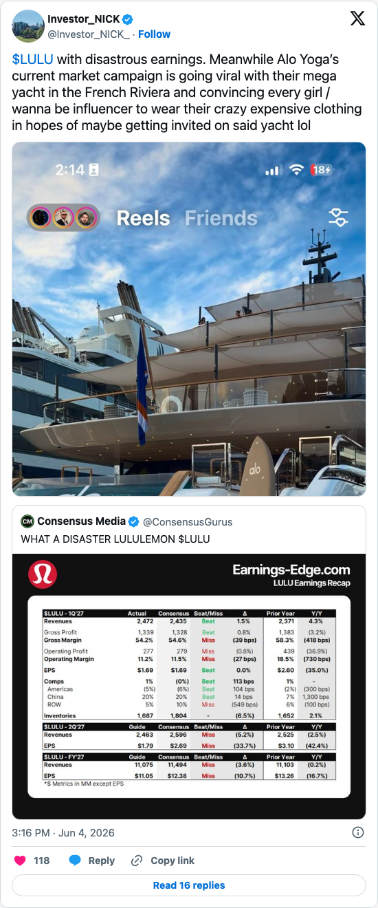 Timeline screenshot: $LULU with disastrous earnings. Meanwhile Alo Yoga’s current market campaign is going viral with their mega yacht in the French Riviera and convincing every …