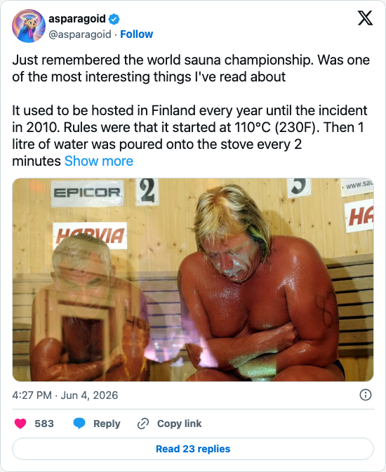 Timeline screenshot: Just remembered the world sauna championship. Was one of the most interesting things I've read about
It used to be hosted in Finland every year until the in…