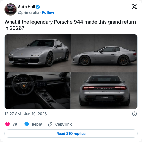 Timeline screenshot: What if the legendary Porsche 944 made this grand return in 2026? pic.twitter.com/RYmtMIGfMd