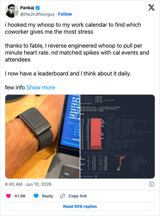 Timeline screenshot: i hooked my whoop to my work calendar to find which coworker gives me the most stress 🚨
thanks to fable, I reverse engineered whoop to pull per minute hear…
