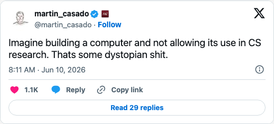 Timeline screenshot: Imagine building a computer and not allowing its use in CS research. Thats some dystopian shit.