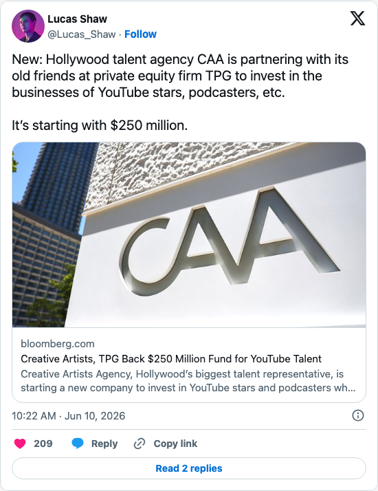 Timeline screenshot: New: Hollywood talent agency CAA is partnering with its old friends at private equity firm TPG to invest in the businesses of YouTube stars, podcasters, etc.…