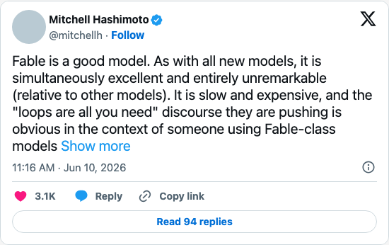 Timeline screenshot: Fable is a good model. As with all new models, it is simultaneously excellent and entirely unremarkable (relative to other models). It is slow and expensive,…