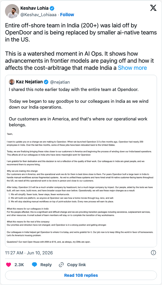 Timeline screenshot: Entire off-shore team in India (200+) was laid off by OpenDoor and is being replaced by smaller ai-native teams in the US.
This is a watershed moment in AI…