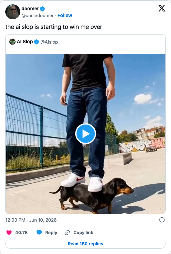 Timeline screenshot: the ai slop is starting to win me over https://t.co/ai0BlLLZLU