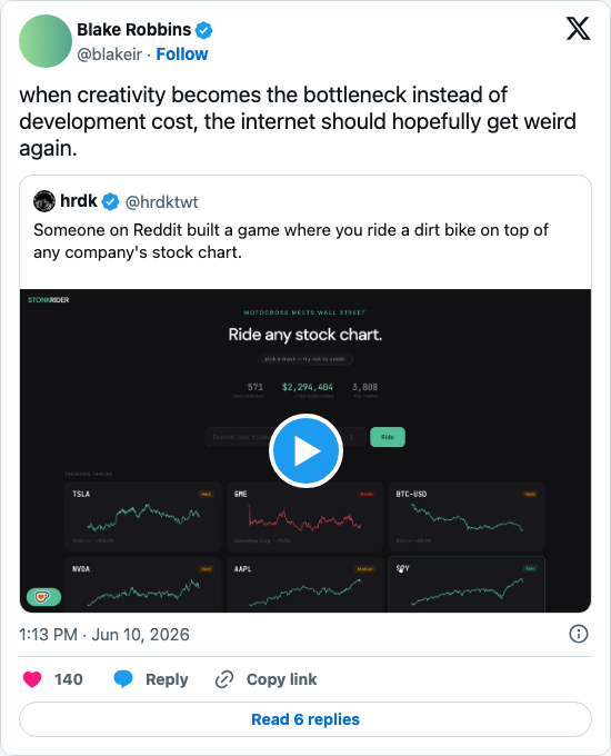 Timeline screenshot: when creativity becomes the bottleneck instead of development cost, the internet should hopefully get weird again. https://t.co/fUSLu7qYsL

[quoted @hrdktwt]…