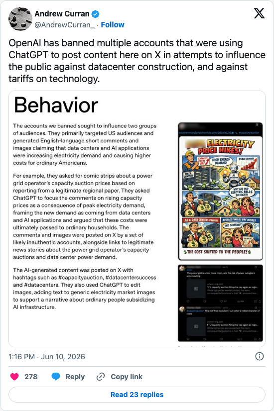 Timeline screenshot: OpenAI has banned multiple accounts that were using ChatGPT to post content here on X in attempts to influence the public against datacenter construction, an…