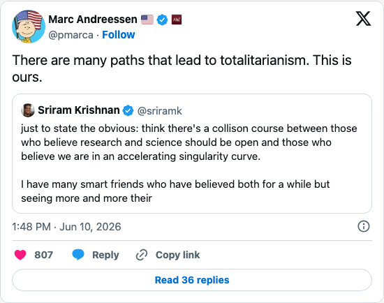 Timeline screenshot: There are many paths that lead to totalitarianism. This is ours. https://t.co/aaUulVoqSF

[quoted @sriramk]: just to state the obvious: think there's a colli…