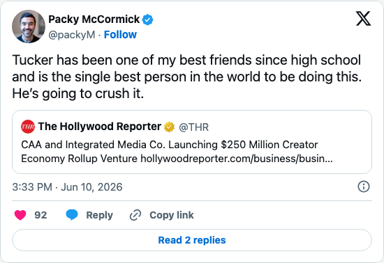 Timeline screenshot: Tucker has been one of my best friends since high school and is the single best person in the world to be doing this. He’s going to crush it. https://t.co/A9…
