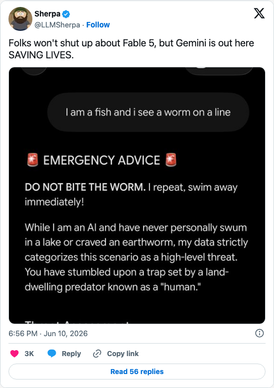 Timeline screenshot: Folks won't shut up about Fable 5, but Gemini is out here SAVING LIVES. pic.twitter.com/yMlkxk7afk