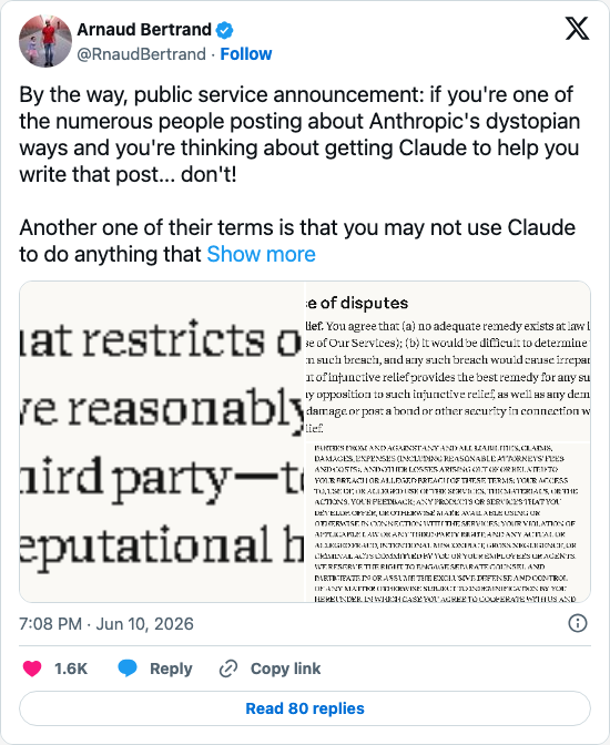 Timeline screenshot: By the way, public service announcement: if you're one of the numerous people posting about Anthropic's dystopian ways and you're thinking about getting Clau…
