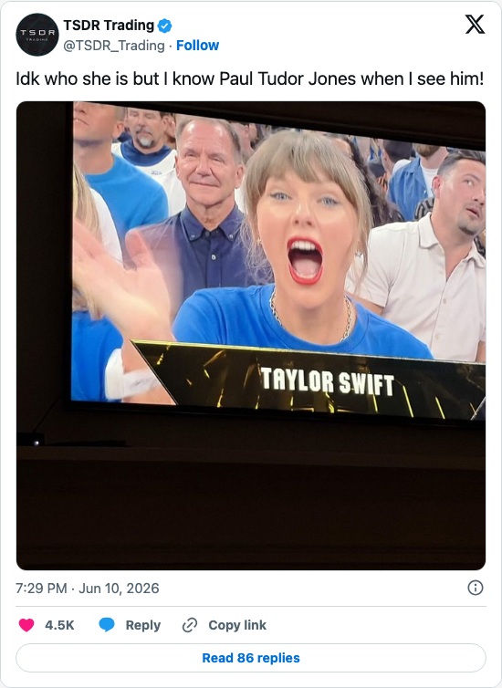 Timeline screenshot: Idk who she is but I know Paul Tudor Jones when I see him! pic.twitter.com/6NmrpUhmgf