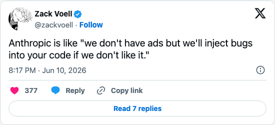 Timeline screenshot: Anthropic is like "we don't have ads but we'll inject bugs into your code if we don't like it."