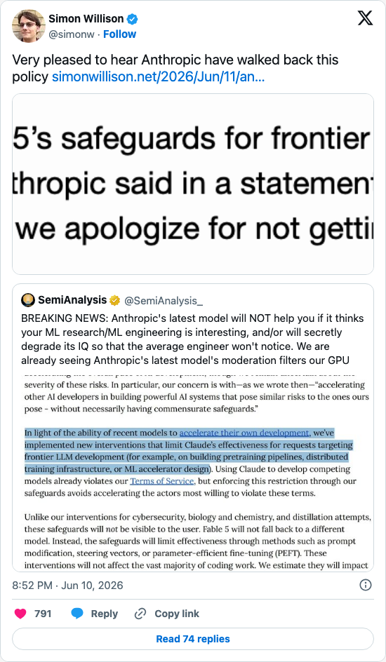 Timeline screenshot: Very pleased to hear Anthropic have walked back this policy https://t.co/8eOBDzTbCs https://t.co/h9e112he3N pic.twitter.com/DnW0h6feV8
[quoted @semianalysis…