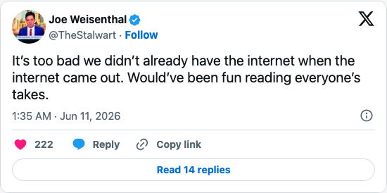 Timeline screenshot: It’s too bad we didn’t already have the internet when the internet came out. Would’ve been fun reading everyone’s takes.