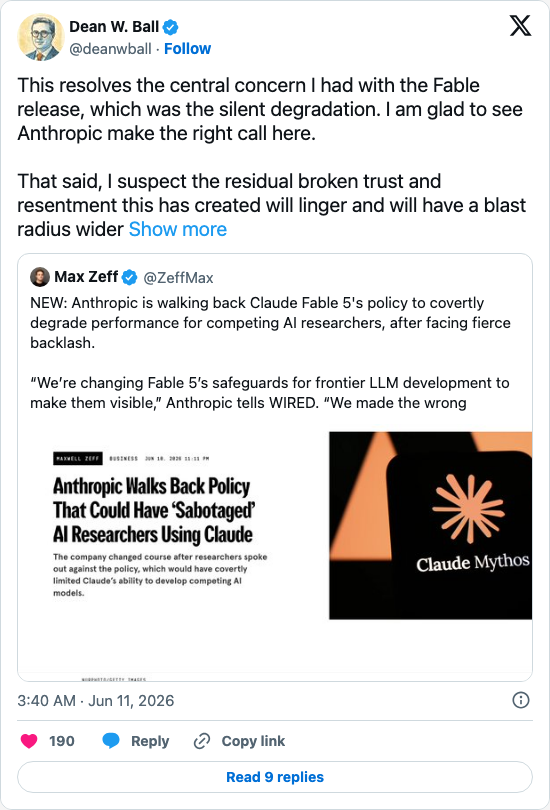 Timeline screenshot: This resolves the central concern I had with the Fable release, which was the silent degradation. I am glad to see Anthropic make the right call here.
That …
