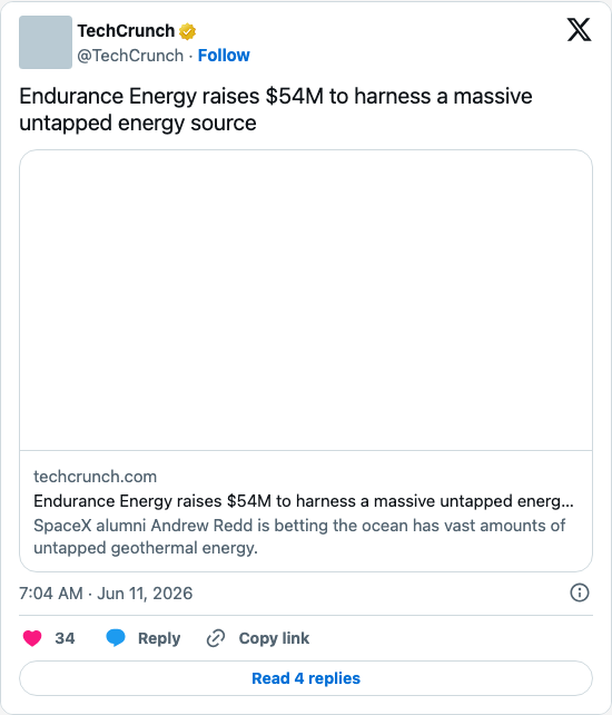 Timeline screenshot: Endurance Energy raises $54M to harness a massive untapped energy source https://t.co/WGiynhkAyC