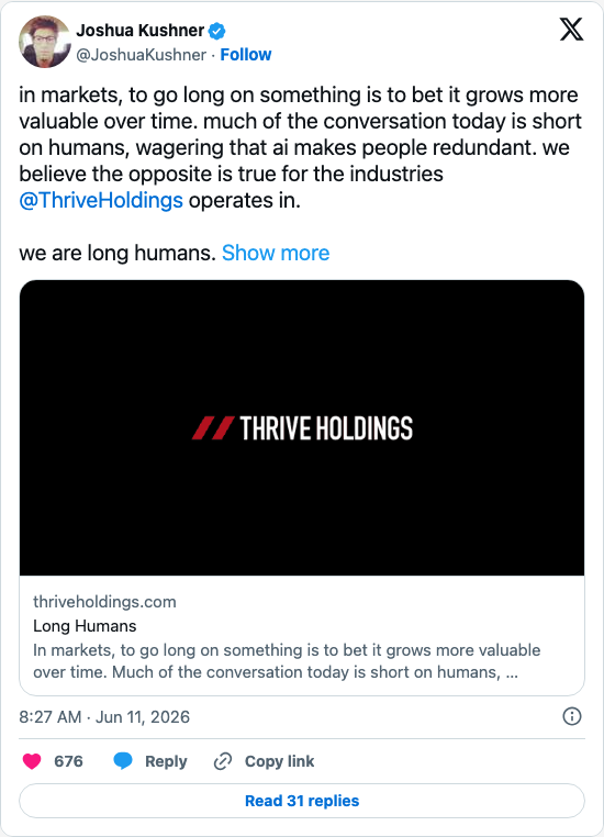 Timeline screenshot: in markets, to go long on something is to bet it grows more valuable over time. much of the conversation today is short on humans, wagering that ai makes peo…