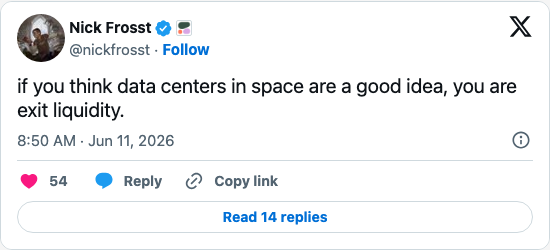 Timeline screenshot: if you think data centers in space are a good idea, you are exit liquidity.