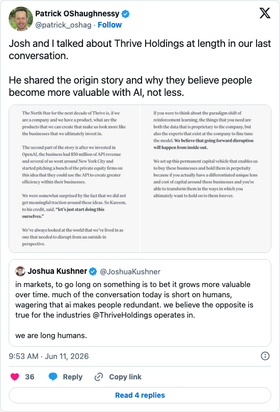 Timeline screenshot: Josh and I talked about Thrive Holdings at length in our last conversation.
He shared the origin story and why they believe people become more valuable wit…