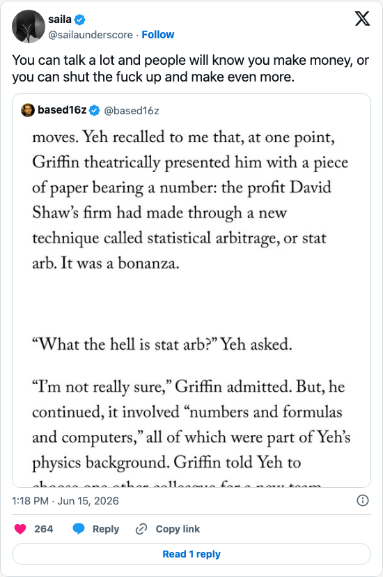 Timeline screenshot: You can talk a lot and people will know you make money, or you can shut the fuck up and make even more. https://t.co/l2S7ThO5vw