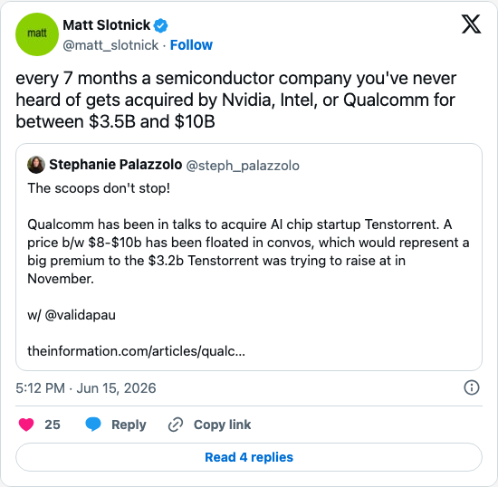 Timeline screenshot: every 7 months a semiconductor company you've never heard of gets acquired by Nvidia, Intel, or Qualcomm for between $3.5B and $10B https://t.co/LyHyl4qkoA
…