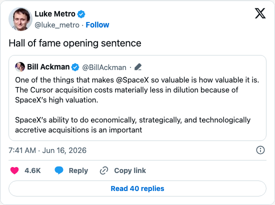 Timeline screenshot: Hall of fame opening sentence https://t.co/LtV5YQNWs3

[quoted @billackman]: One of the things that makes @SpaceX so valuable is how valuable it is. The Curs…