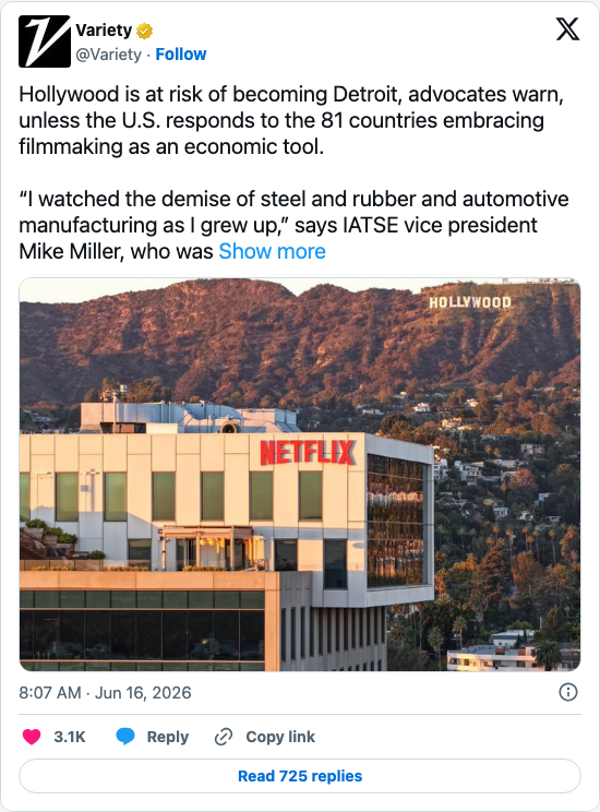 Timeline screenshot: Hollywood is at risk of becoming Detroit, advocates warn, unless the U.S. responds to the 81 countries embracing filmmaking as an economic tool.
“I watched …