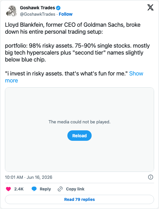 Timeline screenshot: Lloyd Blankfein, former CEO of Goldman Sachs, broke down his entire personal trading setup:
portfolio: 98% risky assets. 75-90% single stocks. mostly big te…