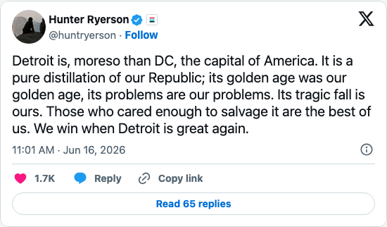Timeline screenshot: Detroit is, moreso than DC, the capital of America. It is a pure distillation of our Republic; its golden age was our golden age, its problems are our proble…