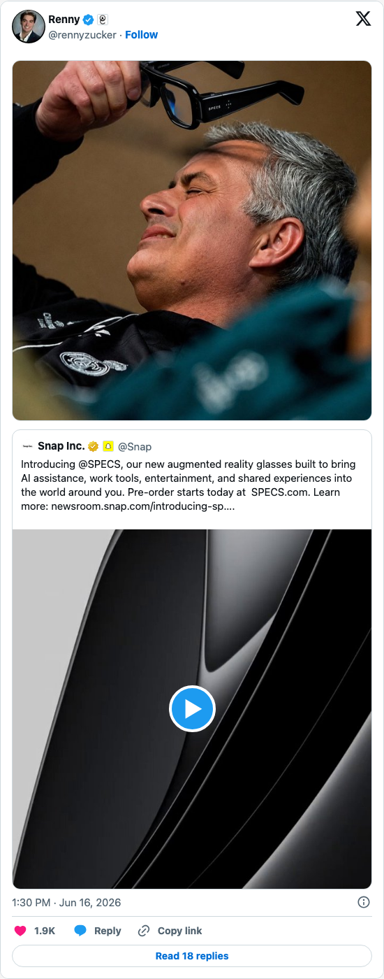 Timeline screenshot: https://t.co/S7aCqj0OKY pic.twitter.com/XjVQmuQkDM

[quoted @snap]: Introducing @SPECS, our new augmented reality glasses built to bring AI assistance, work …