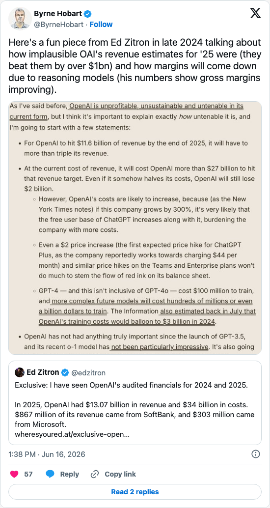 Timeline screenshot: Here's a fun piece from Ed Zitron in late 2024 talking about how implausible OAI's revenue estimates for '25 were (they beat them by over $1bn) and how margi…