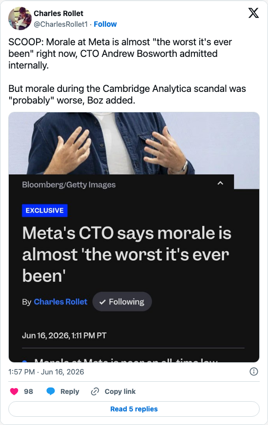 Timeline screenshot: SCOOP: Morale at Meta is almost "the worst it's ever been" right now, CTO Andrew Bosworth admitted internally.
But morale during the Cambridge Analytica sca…
