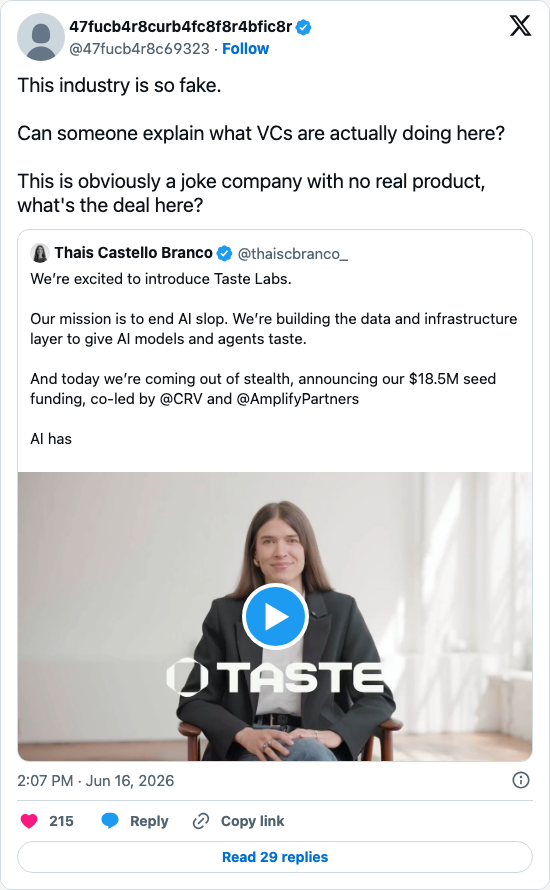Timeline screenshot: This industry is so fake.
Can someone explain what VCs are actually doing here?
This is obviously a joke company with no real product, what's the deal he…
