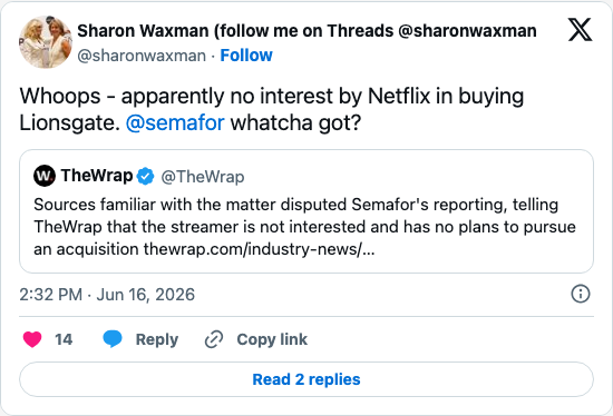 Timeline screenshot: Whoops - apparently no interest by Netflix in buying Lionsgate. @semafor whatcha got? https://t.co/FvKBwHwPZN

[quoted @thewrap]: Sources familiar with the m…