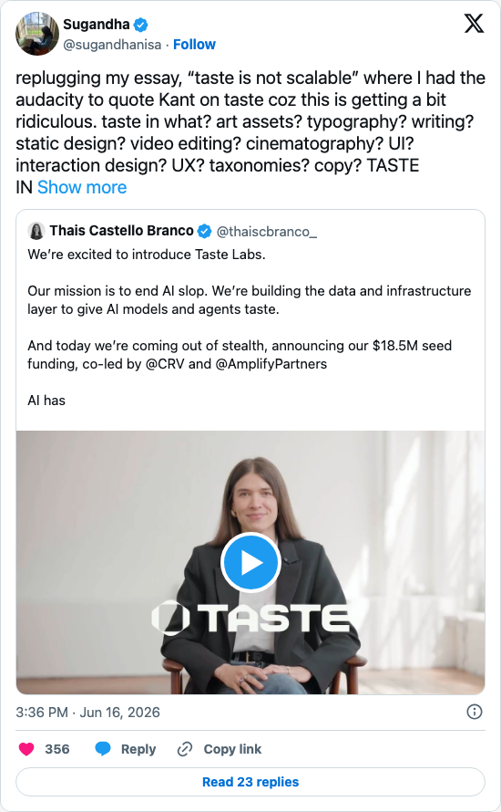 Timeline screenshot: replugging my essay, “taste is not scalable” where I had the audacity to quote Kant on taste coz this is getting a bit ridiculous. taste in what? art assets?…