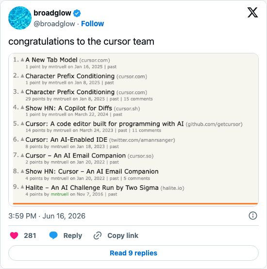 Timeline screenshot: congratulations to the cursor team pic.twitter.com/HbCNzTpiN2