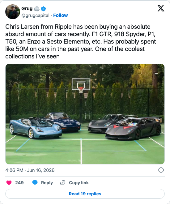 Timeline screenshot: Chris Larsen from Ripple has been buying an absolute absurd amount of cars recently. F1 GTR, 918 Spyder, P1, T50, an Enzo a Sesto Elemento, etc. Has probably…