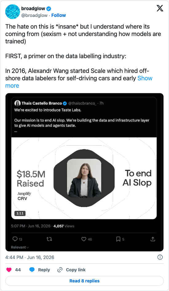 Timeline screenshot: The hate on this is *insane* but I understand where its coming from (sexism + not understanding how models are trained)
FIRST, a primer on the data labellin…
