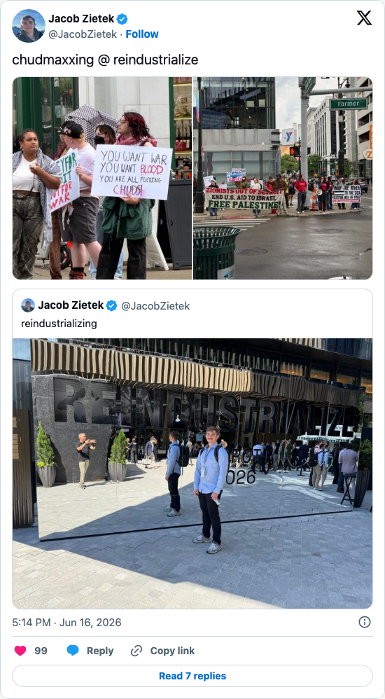 Timeline screenshot: chudmaxxing @ reindustrialize https://t.co/czqGKvFLVz pic.twitter.com/nXrAFmpV8s

[quoted @jacobzietek]: reindustrializing pic.twitter.com/V1gQi18CDW