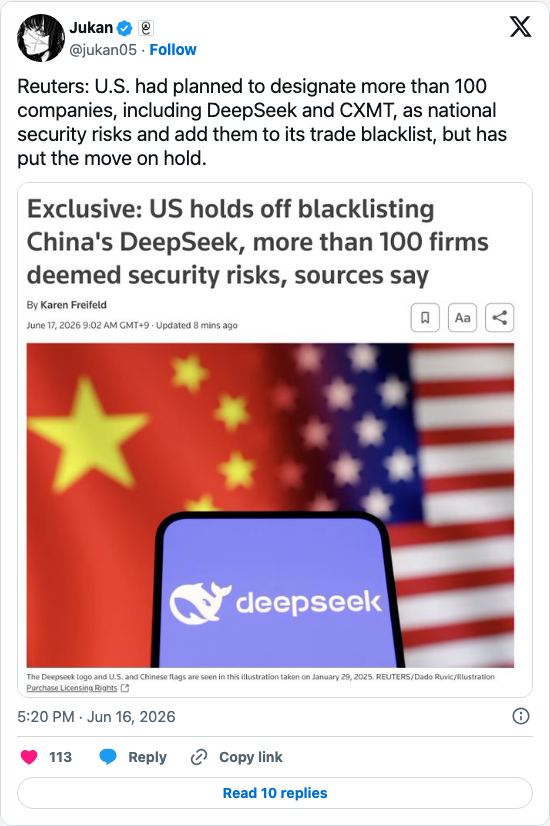Timeline screenshot: Reuters: U.S. had planned to designate more than 100 companies, including DeepSeek and CXMT, as national security risks and add them to its trade blacklist, …