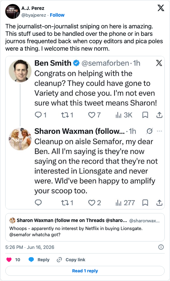 Timeline screenshot: The journalist-on-journalist sniping on here is amazing. This stuff used to be handled over the phone or in bars journos frequented back when copy editors an…