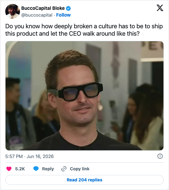 Timeline screenshot: Do you know how deeply broken a culture has to be to ship this product and let the CEO walk around like this? pic.twitter.com/BruHSC7Lrf