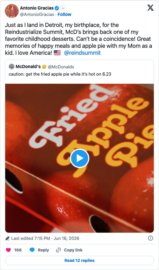 Timeline screenshot: Just as I land in Detroit, my birthplace, for the Reindustrialize Summit, McD’s brings back one of my favorite childhood desserts. Can’t be a coincidence! Gr…