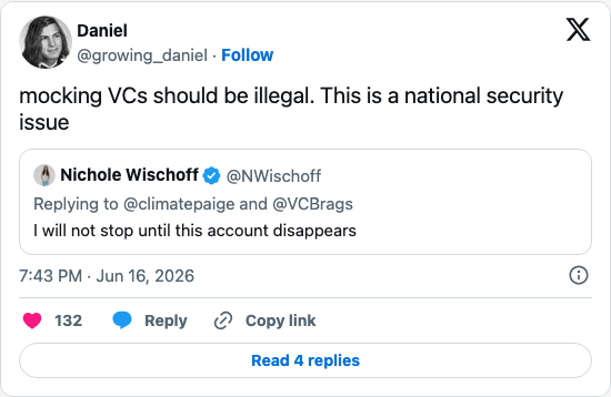 Timeline screenshot: mocking VCs should be illegal. This is a national security issue https://t.co/q9D3wYCK4o