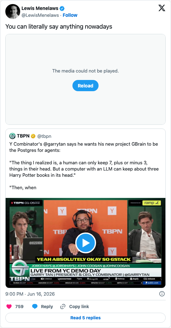 Timeline screenshot: You can literally say anything nowadays https://t.co/6vjTIgQjLC pic.twitter.com/ZYi4EDRNd6

[quoted @tbpn]: Y Combinator's @garrytan says he wants his new pr…